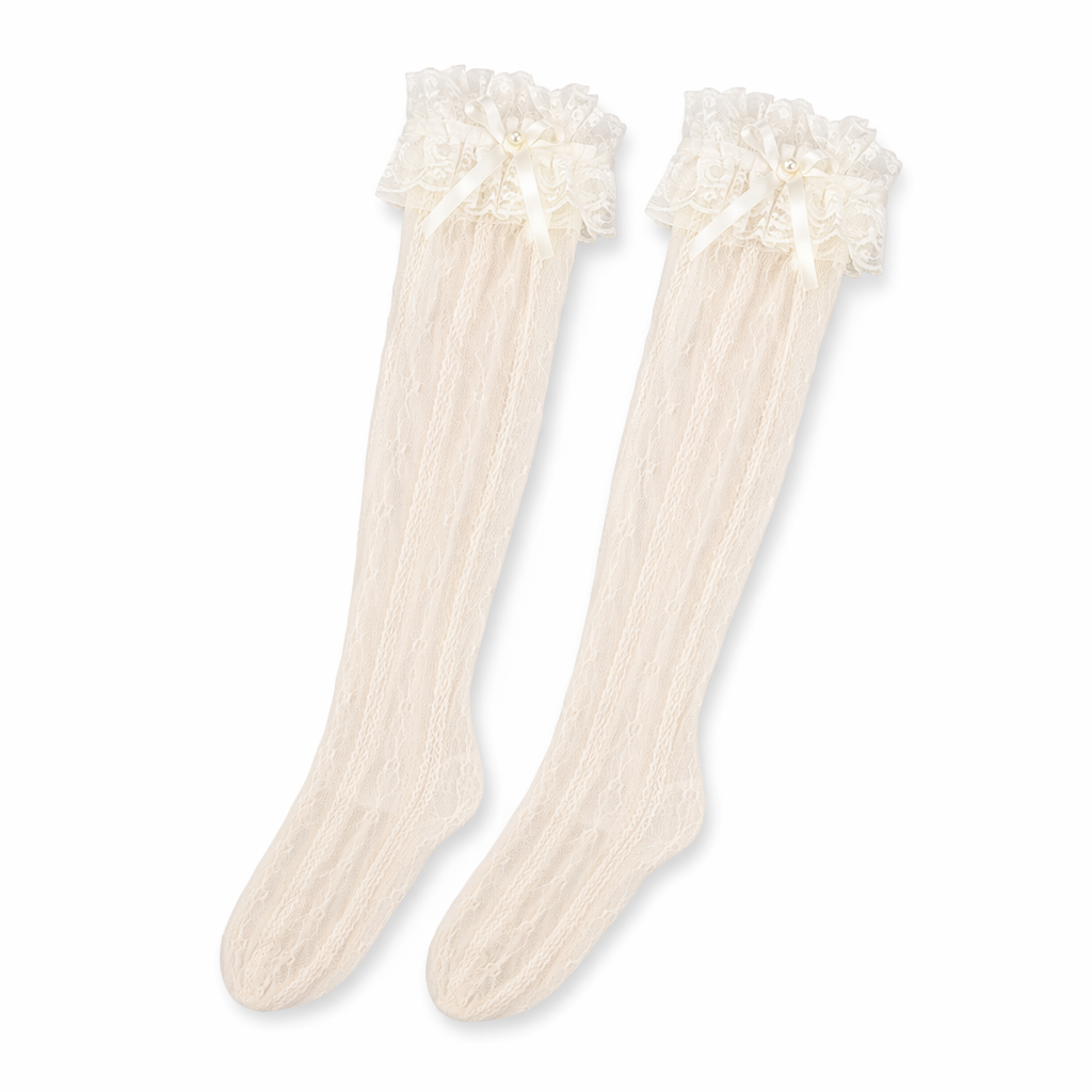 Stunning Lace Knee-High Stockings with Ruffles and Pearl Ribbon Cream