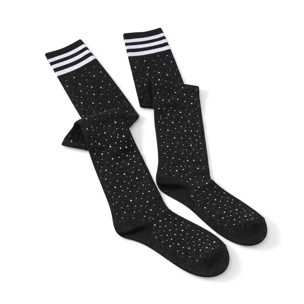 Rainbow Thigh High Glitter Socks with Rhinestones Black White Glitter