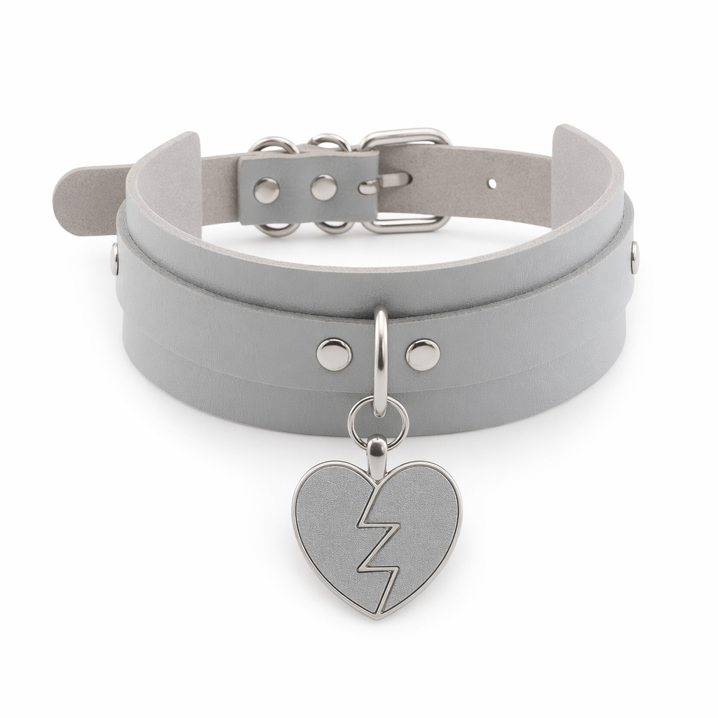 Heart Breaker Vegan Leather Choker for Kinky Princesses Grey Collar