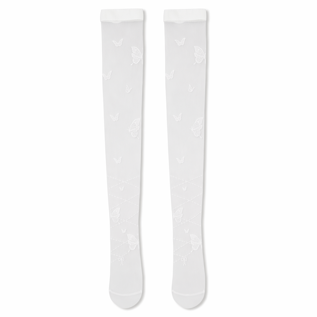 Sheer Lolita Nylon Thigh Highs for a Kawaii Fairycore Look White Butterflies