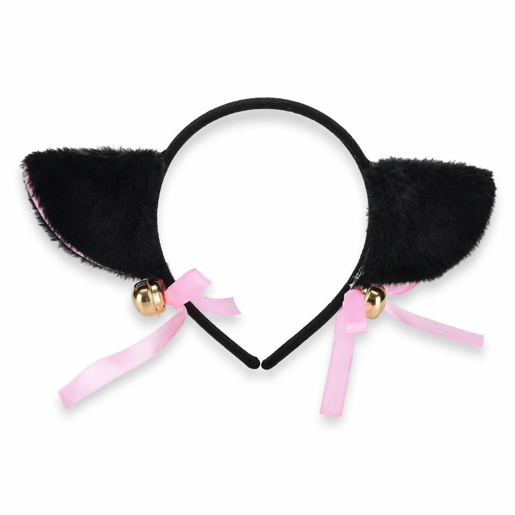 Fuzzy Kitty Cat Ear Headband with Bells and Ribbon Black
