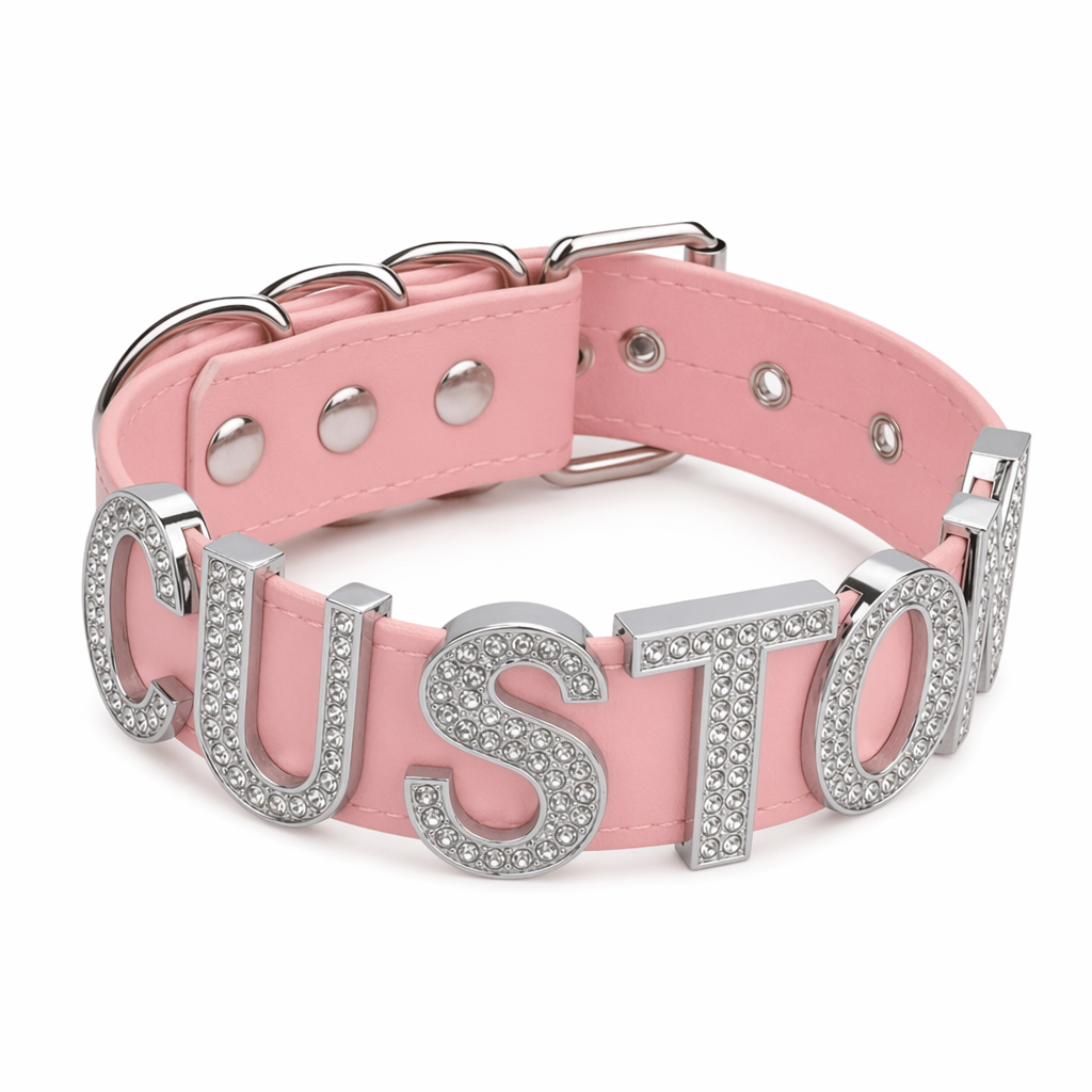 Customizable Vegan Leather Rhinestone Choker Necklace Pink Silver