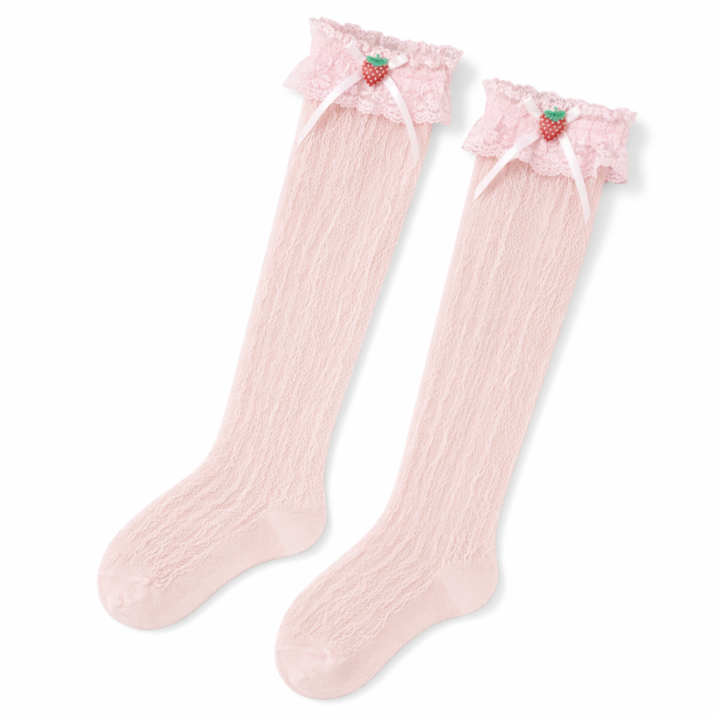 Lace Knee-High Stockings with Ruffles and Strawberry Silk Ribbon Pink