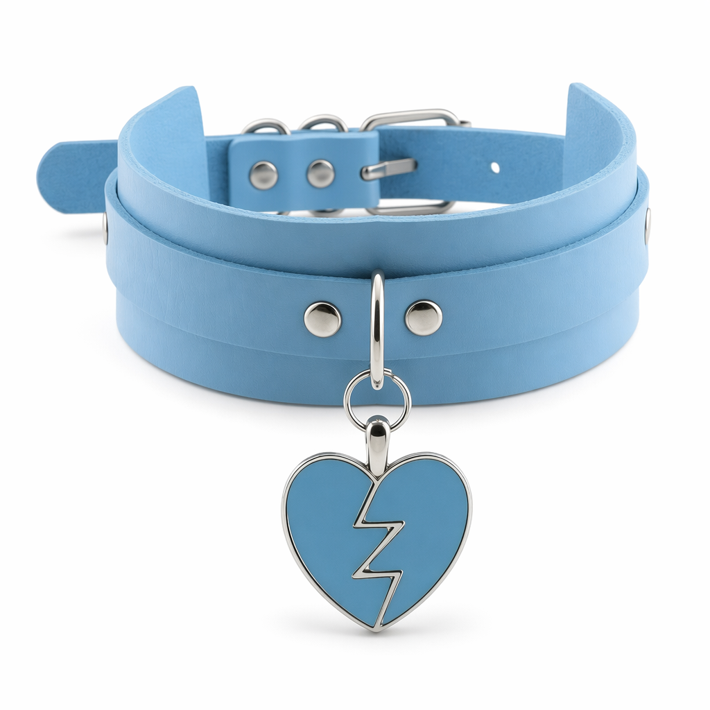 Heart Breaker Vegan Leather Choker for Kinky Princesses Sky Blue Collar