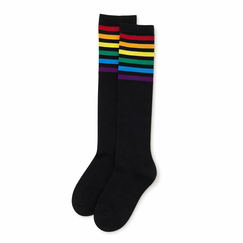 Rainbow Striped Knee-High Socks in Black or White Black