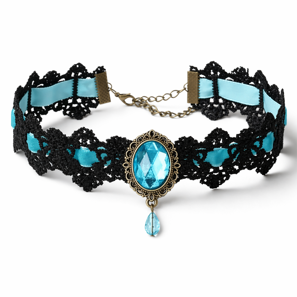 Elegant Victorian Style Choker Necklace with Gold Hardware Light Blue