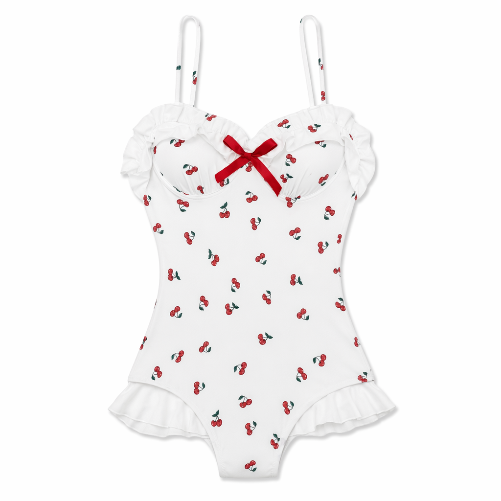 White & Red Cherry Print Adult Onesie for Cute Lounging M