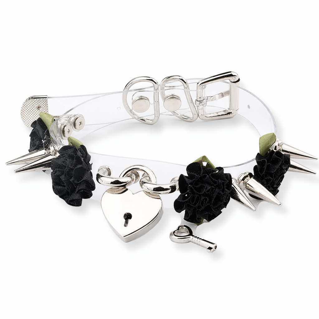 Edgy Floral Choker with Spiky Design and Heart Locket Key Black Flower Silver