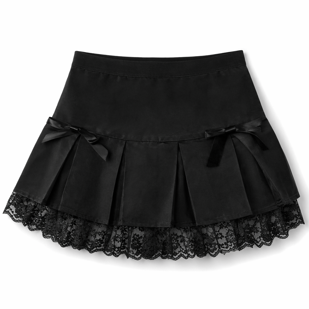 Gorgeous Black Velvety Suede Pleated Skirt with Lace Details M