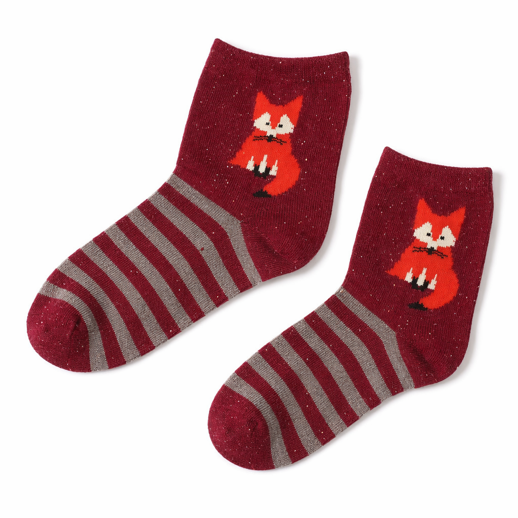 Snow Fox Christmas Socks with Embroidered Design and Vibrant Colors Red Fox Stripes