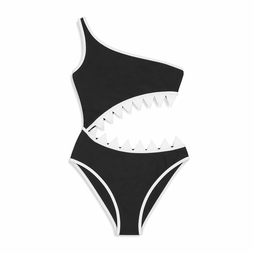 Shark Teeth One-Shoulder Asymmetrical One Piece Bathing Suit Black