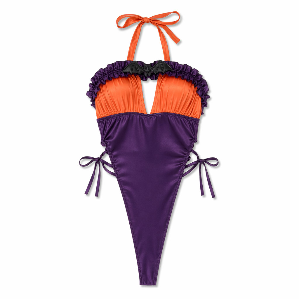 Black and Purple Bat Ruffled Monokin Bodysuit for Halloween Default Title