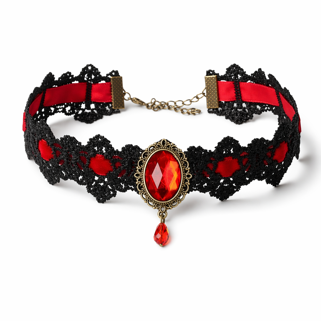 Elegant Victorian Style Choker Necklace with Gold Hardware Red