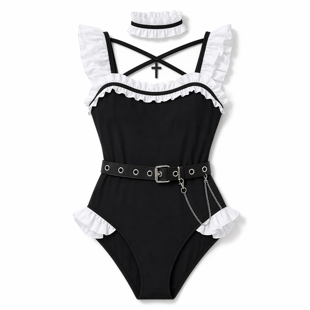 Gothic Priestess Inspired Belted Bodysuit for Dark Occult Aesthetic S