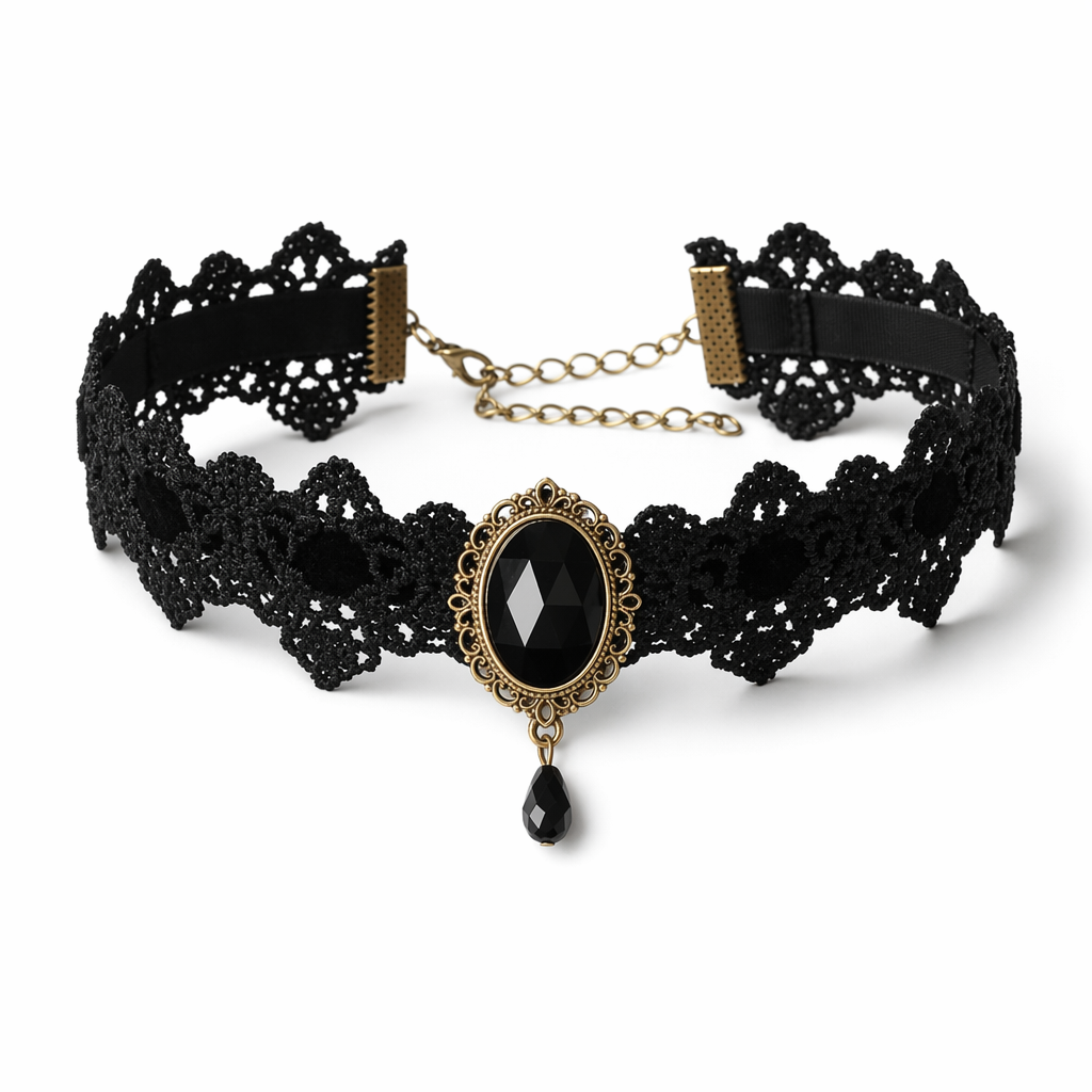 Elegant Victorian Style Choker Necklace with Gold Hardware Black