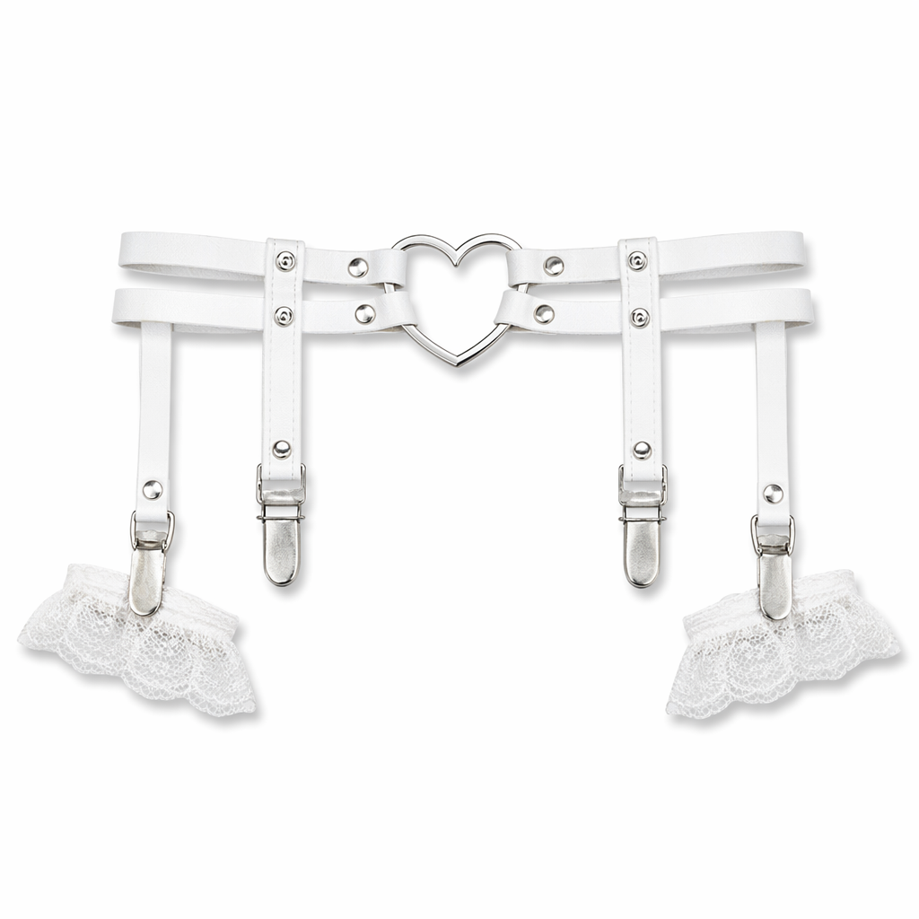 Spiky Garter Belt with Punk Rock Style and Metal Heart White
