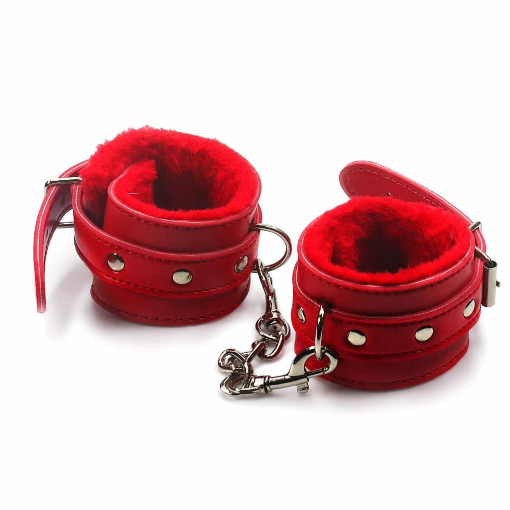 Luxurious Red Fur Lined BDSM Handcuffs with Silver Hardware Default Title
