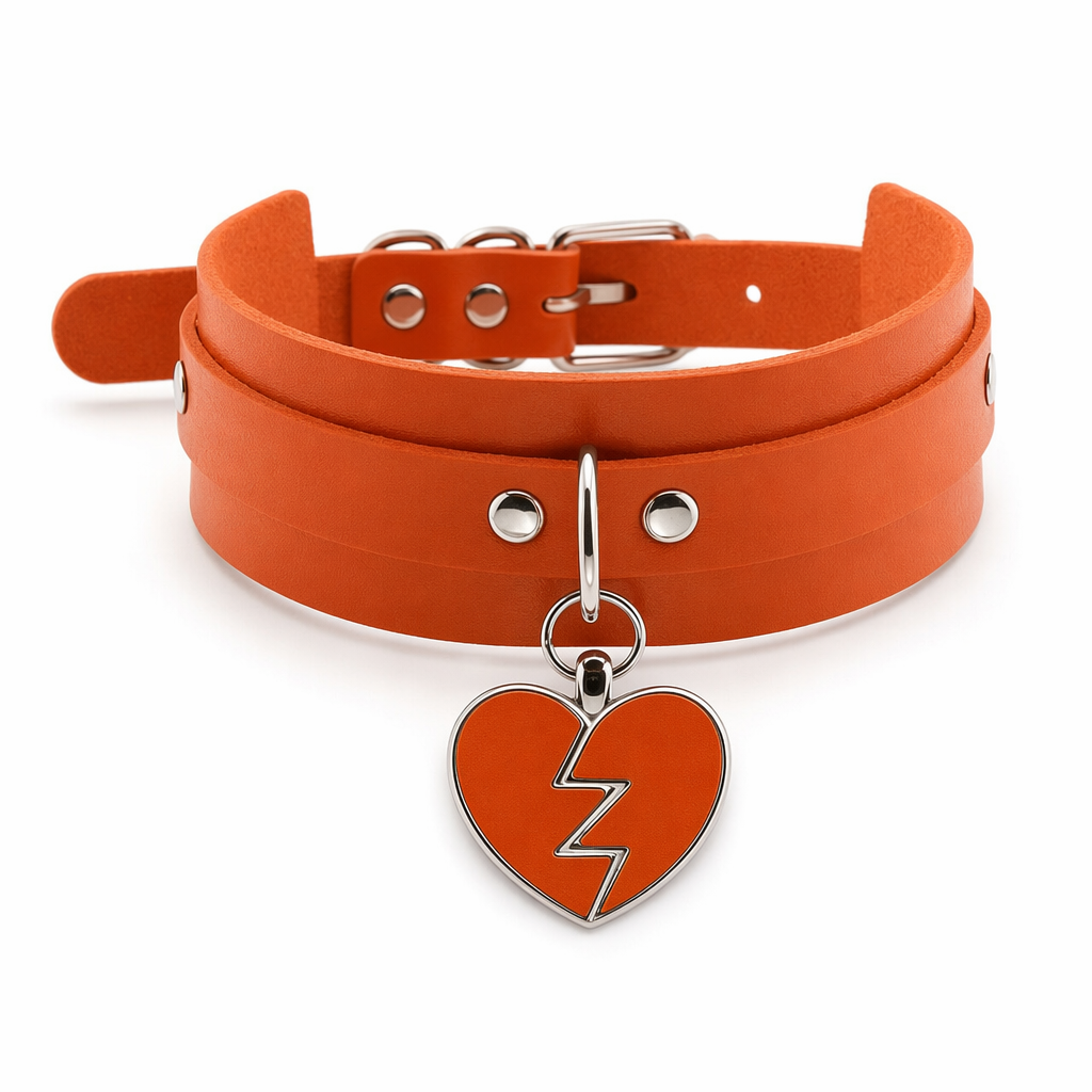 Heart Breaker Vegan Leather Choker for Kinky Princesses Orange Collar