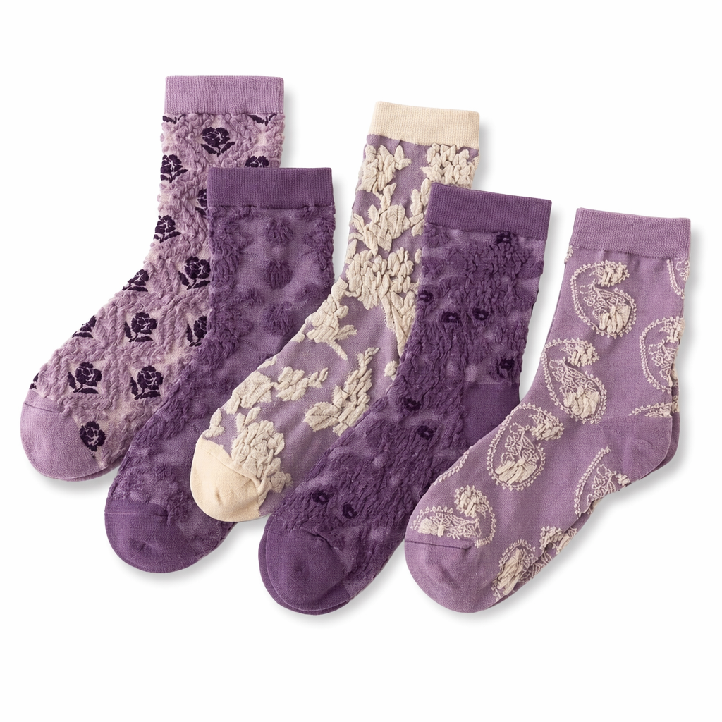 Pink Vintage Floral Socks for Kawaii and Fairycore Styles Set6-purple style