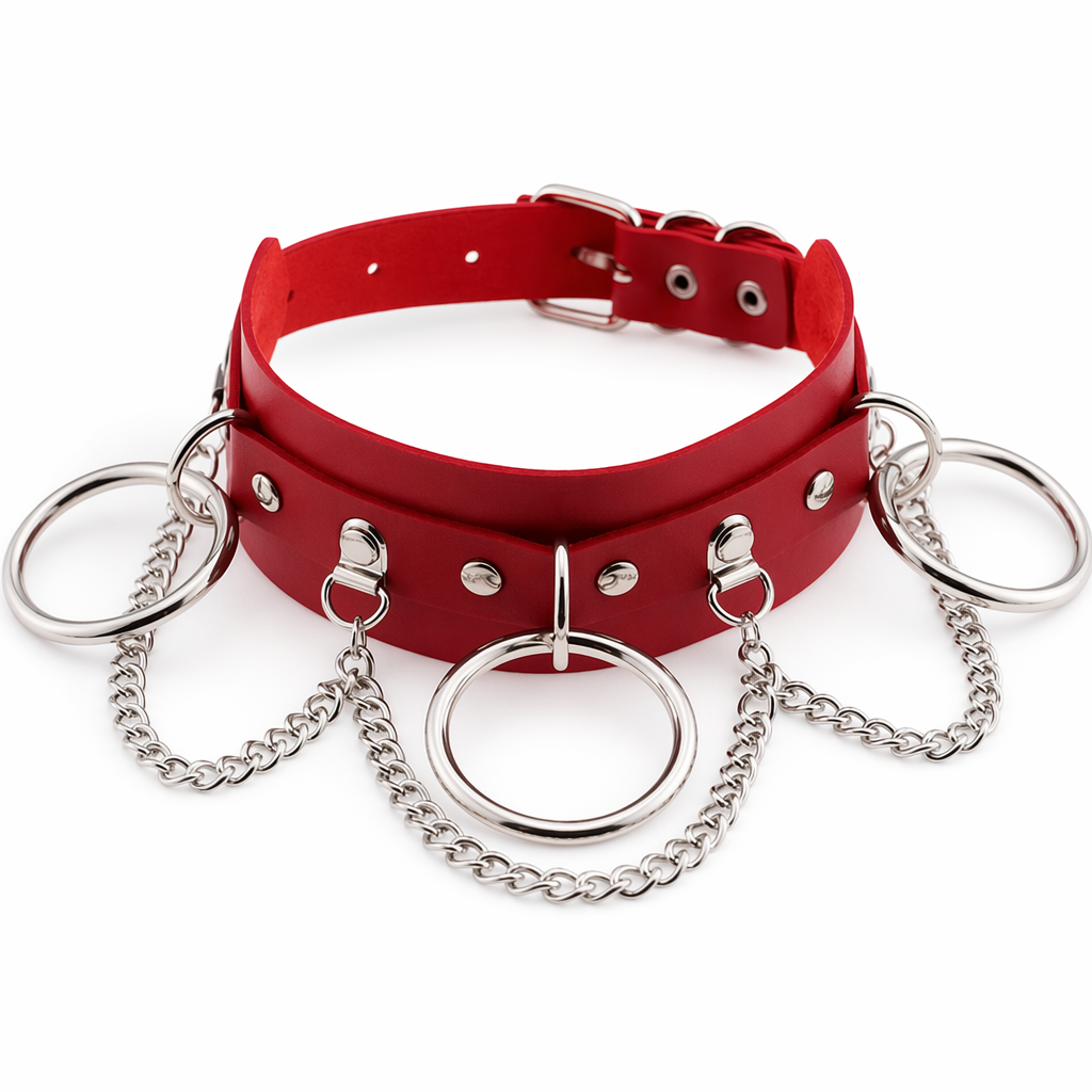 Vegan Leather O-Ring Choker Necklace with Silver Hardware Red
