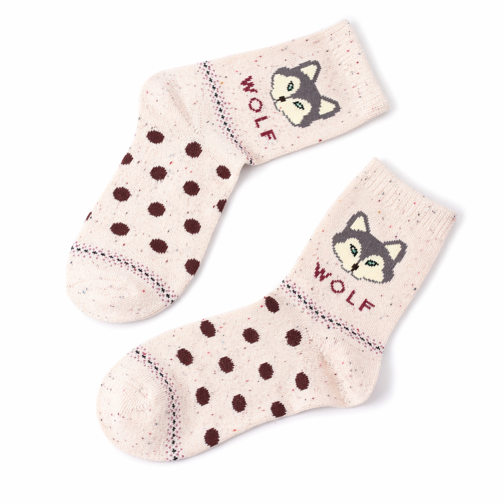 Snow Fox Christmas Socks with Embroidered Design and Vibrant Colors Beige Wolf