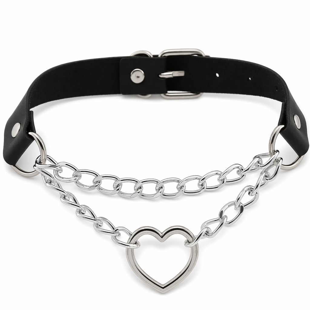Thick Vegan Leather Chained Heart Choker Necklace Black