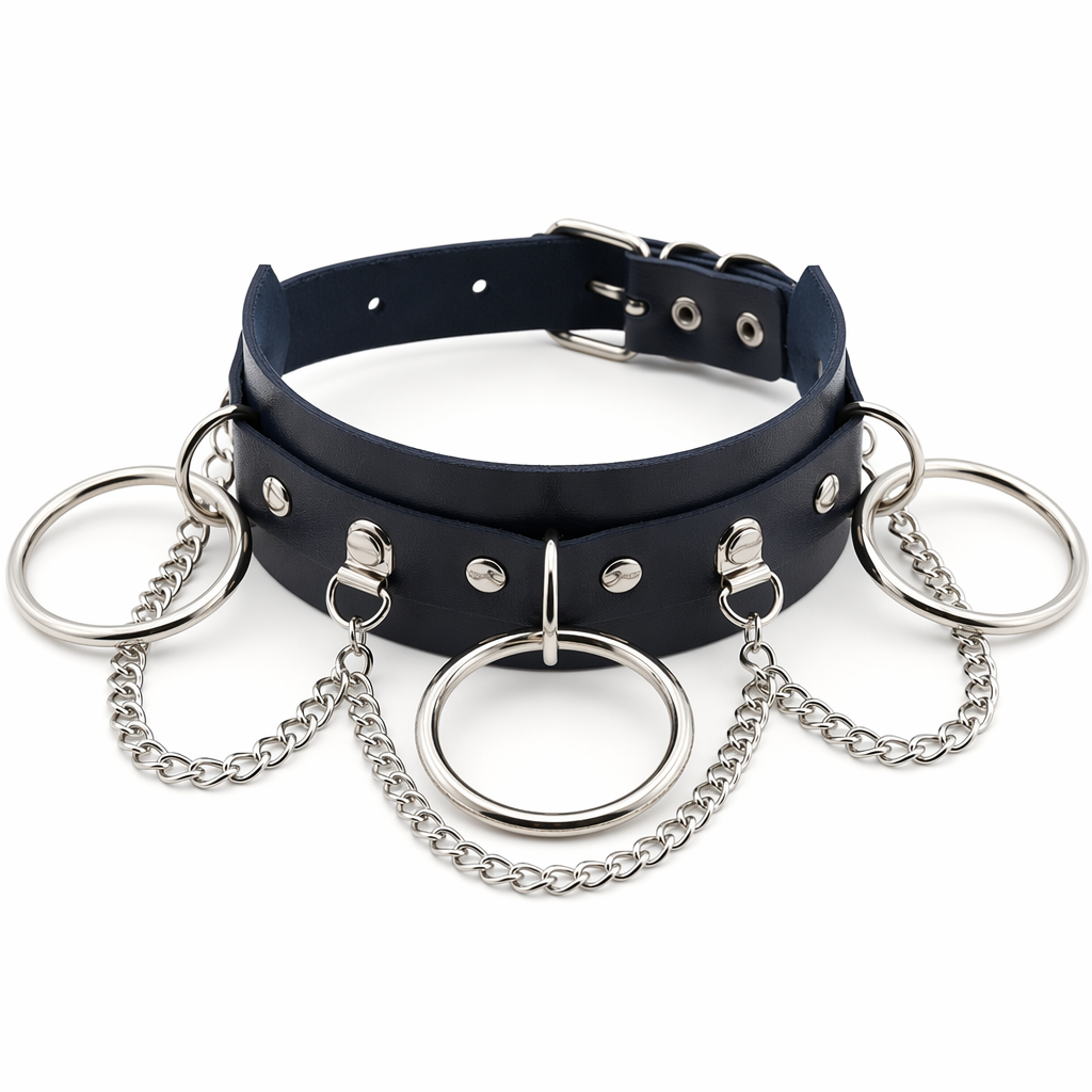 Vegan Leather O-Ring Choker Necklace with Silver Hardware Dark blue