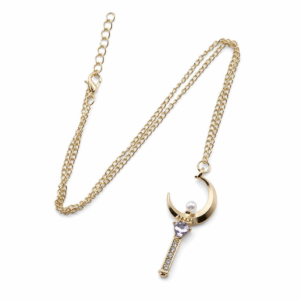 Gold Plated Magical Girl Inspired Necklace with Rhinestone Embellishments Moon Wand