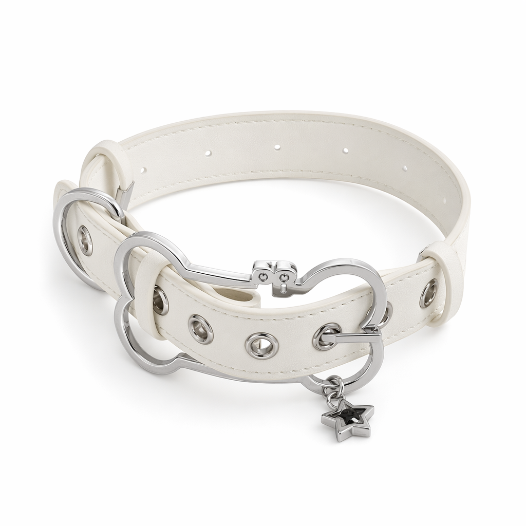 Puppy Bone Collar with Secure Gothic Buckle and Vegan Leather White