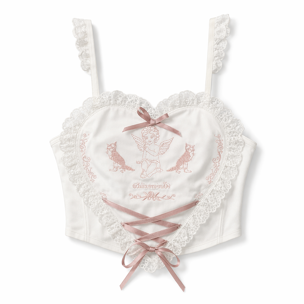Ethereal Lace and Ribbon Heart Shaped Crop Top White