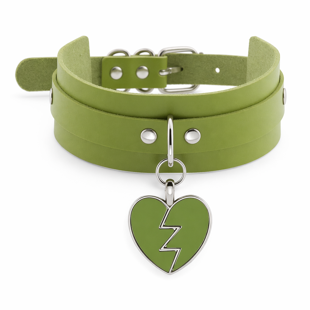 Heart Breaker Vegan Leather Choker for Kinky Princesses Green Collar