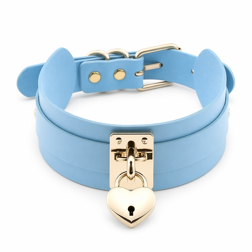 High Quality Vegan Leather Heart Locket Choker in Gold Sky Blue