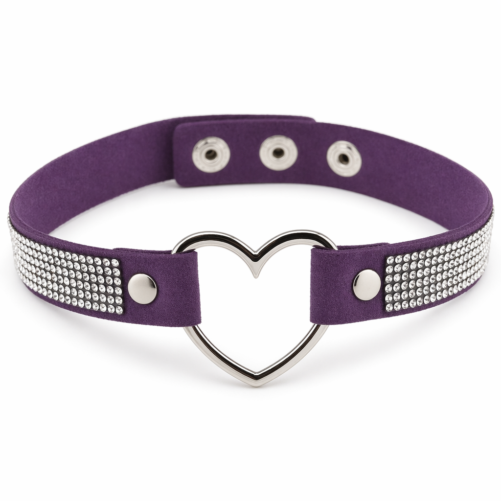 Rhinestone Heart Choker Necklace for Kawaii Aesthetic Princesses Dark Purple