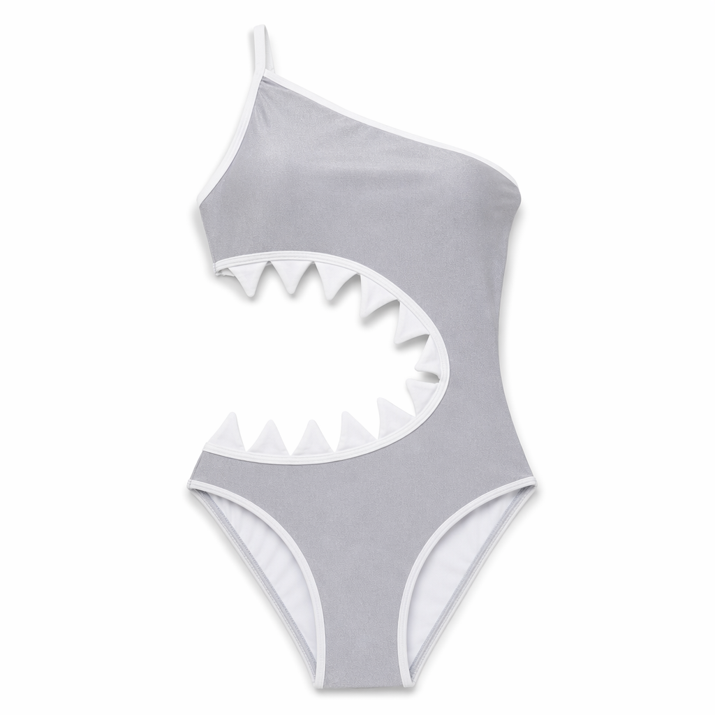 Shark Teeth One-Shoulder Asymmetrical One Piece Bathing Suit Gray
