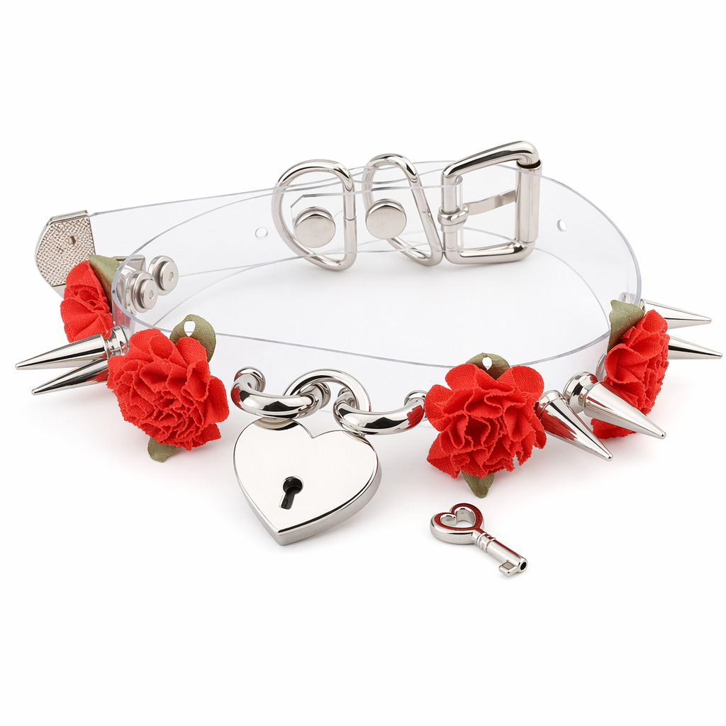 Edgy Floral Choker with Spiky Design and Heart Locket Key Red Flower Silver