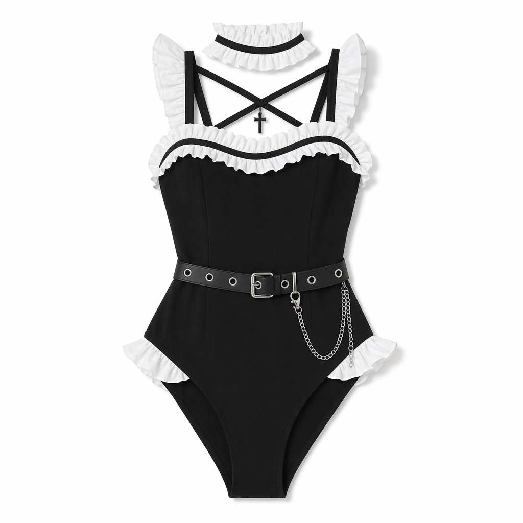 Gothic Priestess Inspired Belted Bodysuit for Dark Occult Aesthetic L