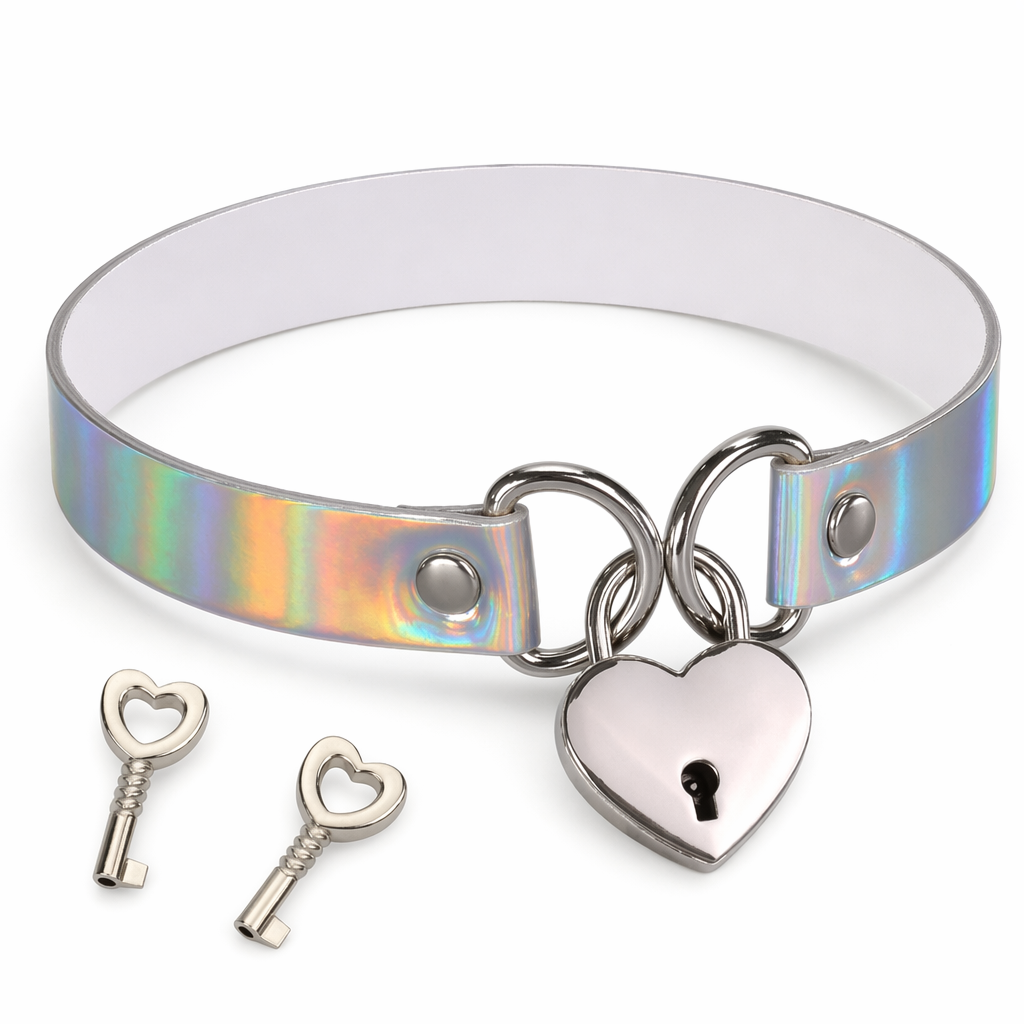 Holographic Lock and Key Choker Collar with Metal Locket Silver