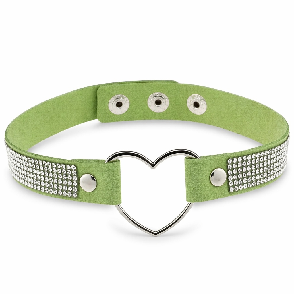 Rhinestone Heart Choker Necklace for Kawaii Aesthetic Princesses Green