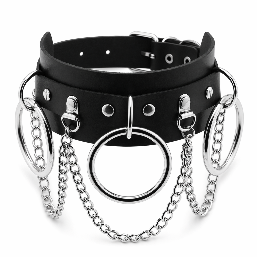 Vegan Leather O-Ring Choker Necklace with Silver Hardware Black