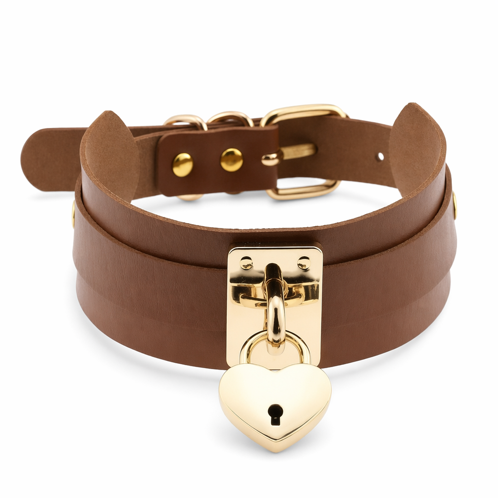 High Quality Vegan Leather Heart Locket Choker in Gold Brown