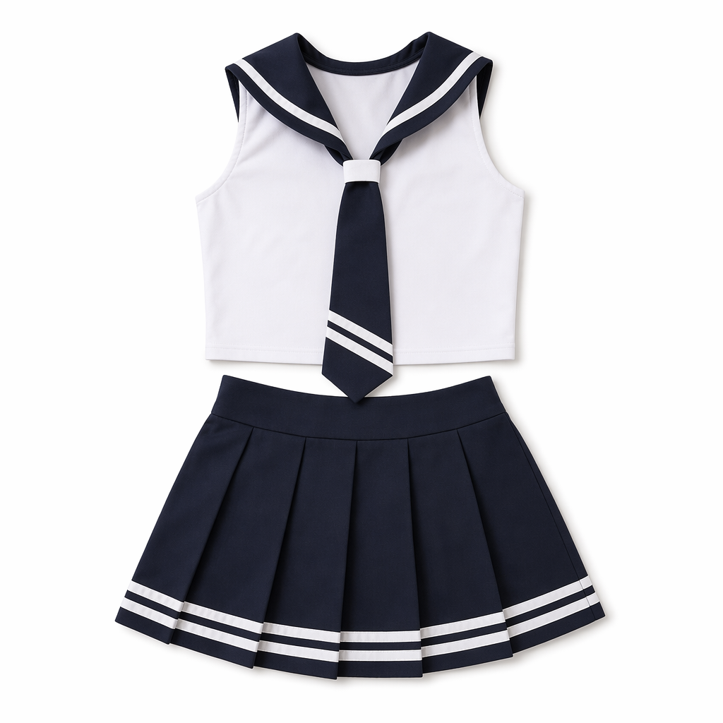 Traditional School Girl Costume with Tie and Pleated Skirt Dark Blue