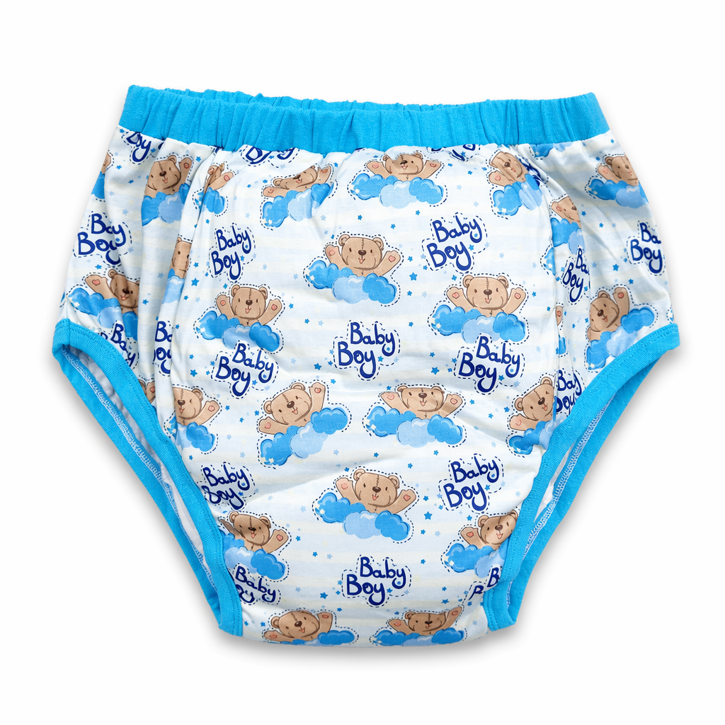 Adult Baby Training Pants with Blue Trim and Cute Baby Boy Design M