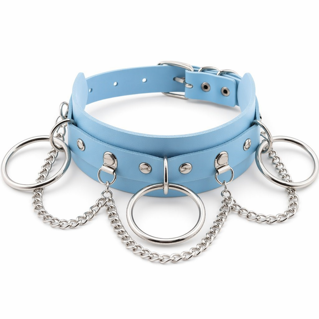 Vegan Leather O-Ring Choker Necklace with Silver Hardware Light blue