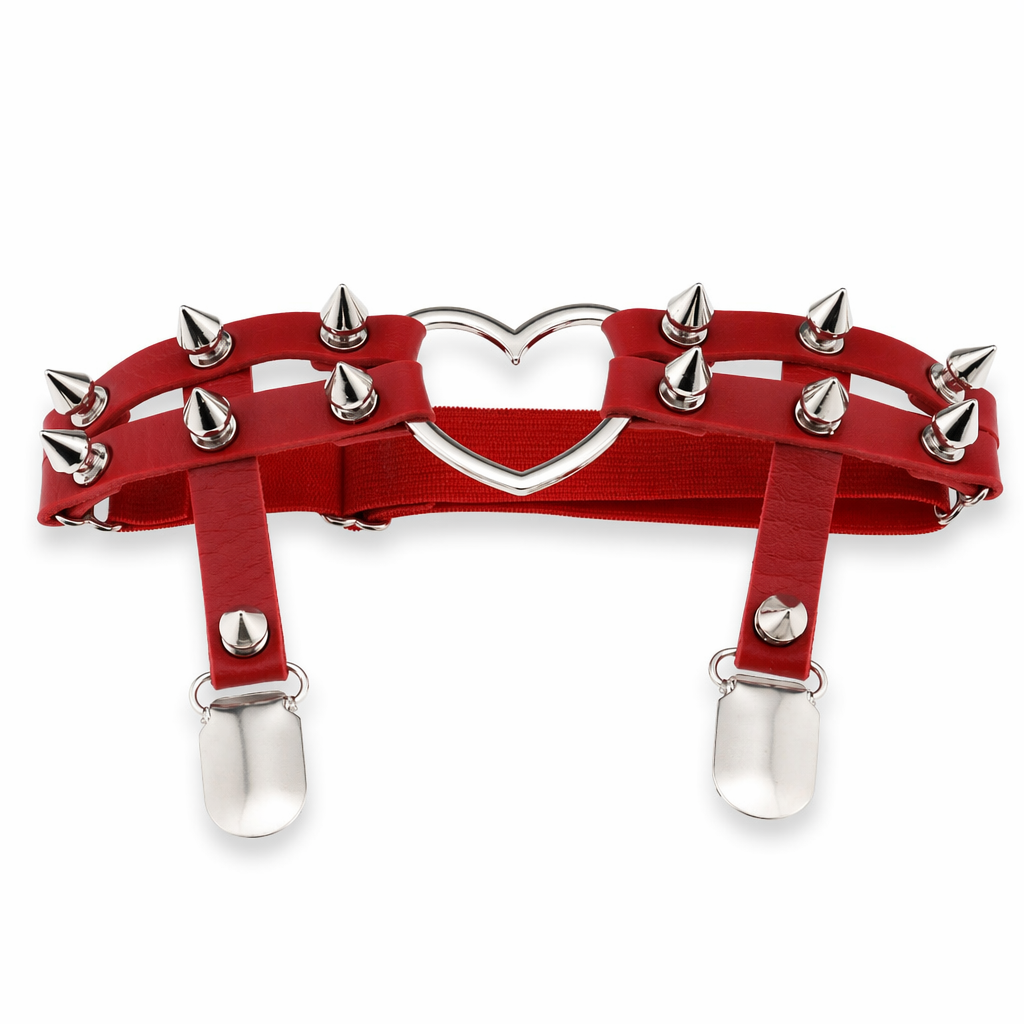 Spiky Garter Belt with Punk Rock Style and Metal Heart Red