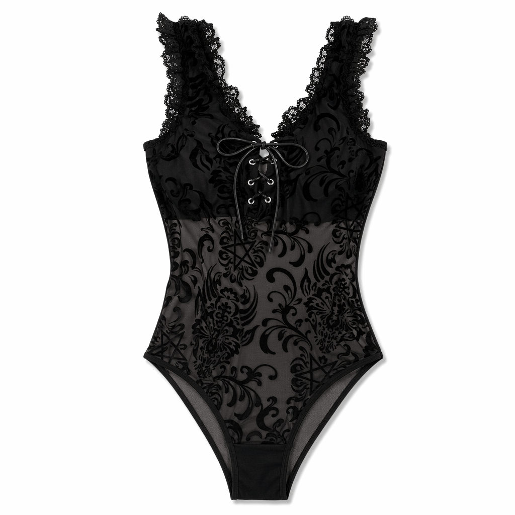 Luxurious Jet Black Goth Bodysuit with Victorian Sheer Detail M