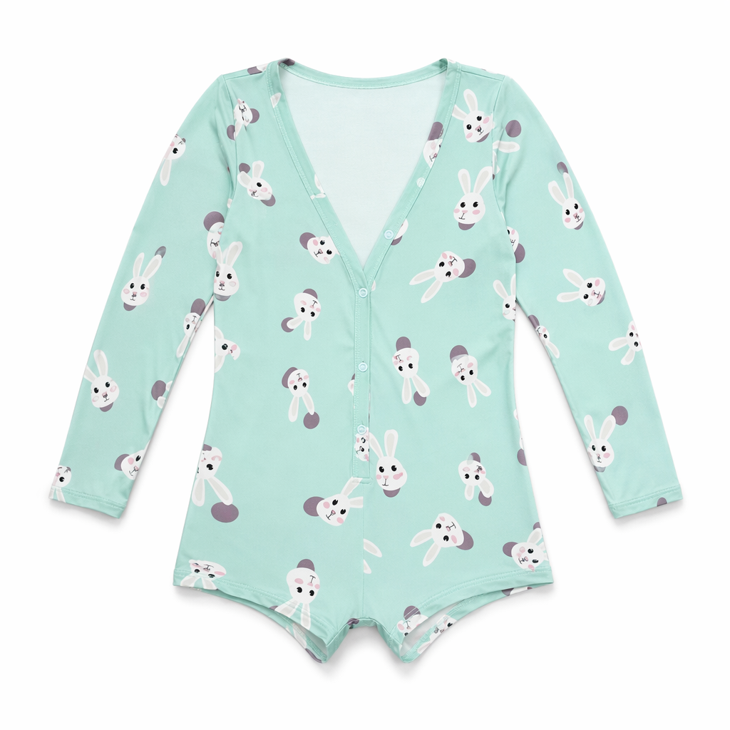 Emerald Green Bunny Rabbit Print Long-Sleeve Romper for Kids XXXL