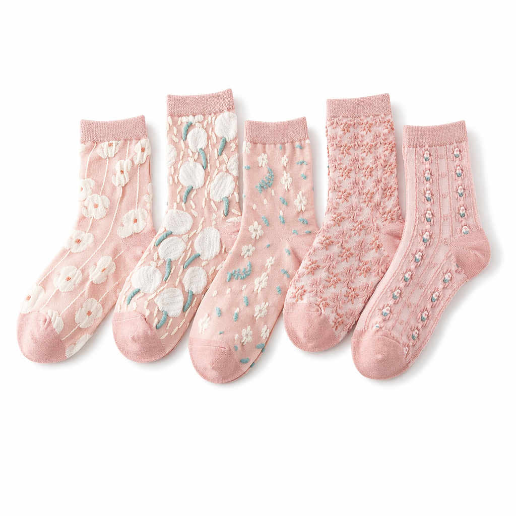 Pink Vintage Floral Socks for Kawaii and Fairycore Styles Set1-Pink style 1