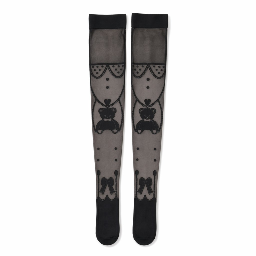 Sheer Lolita Nylon Thigh Highs for a Kawaii Fairycore Look Black Teddy Bear