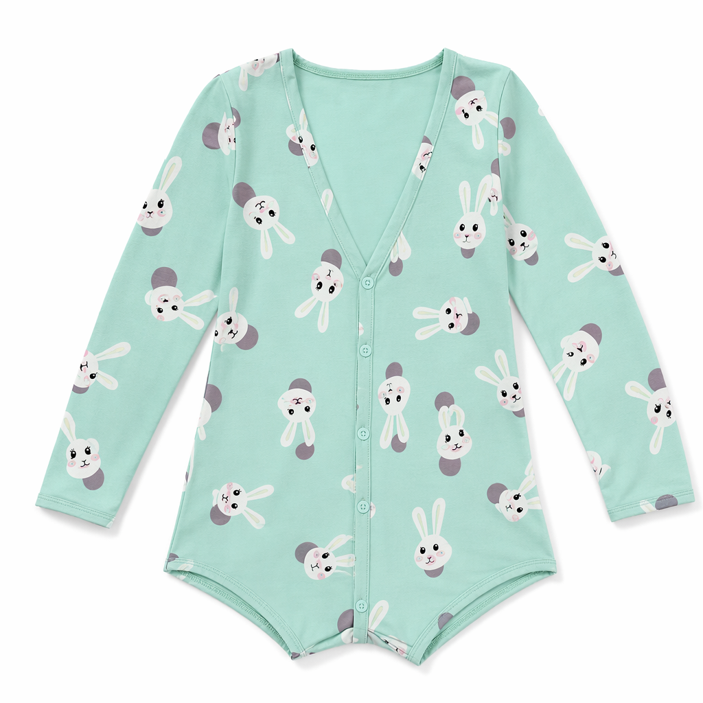 Emerald Green Bunny Rabbit Print Long-Sleeve Romper for Kids XXL