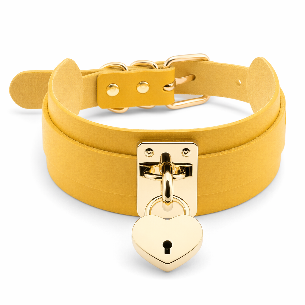 High Quality Vegan Leather Heart Locket Choker in Gold Yellow